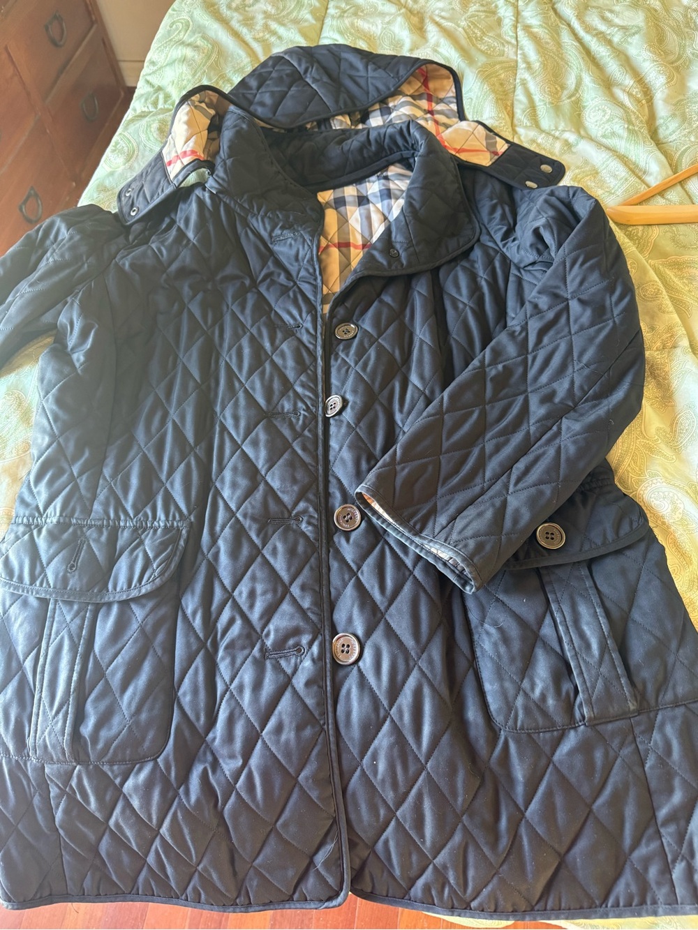 Burberry London Black Quilted Hooded Long Coat Size 46/US 12